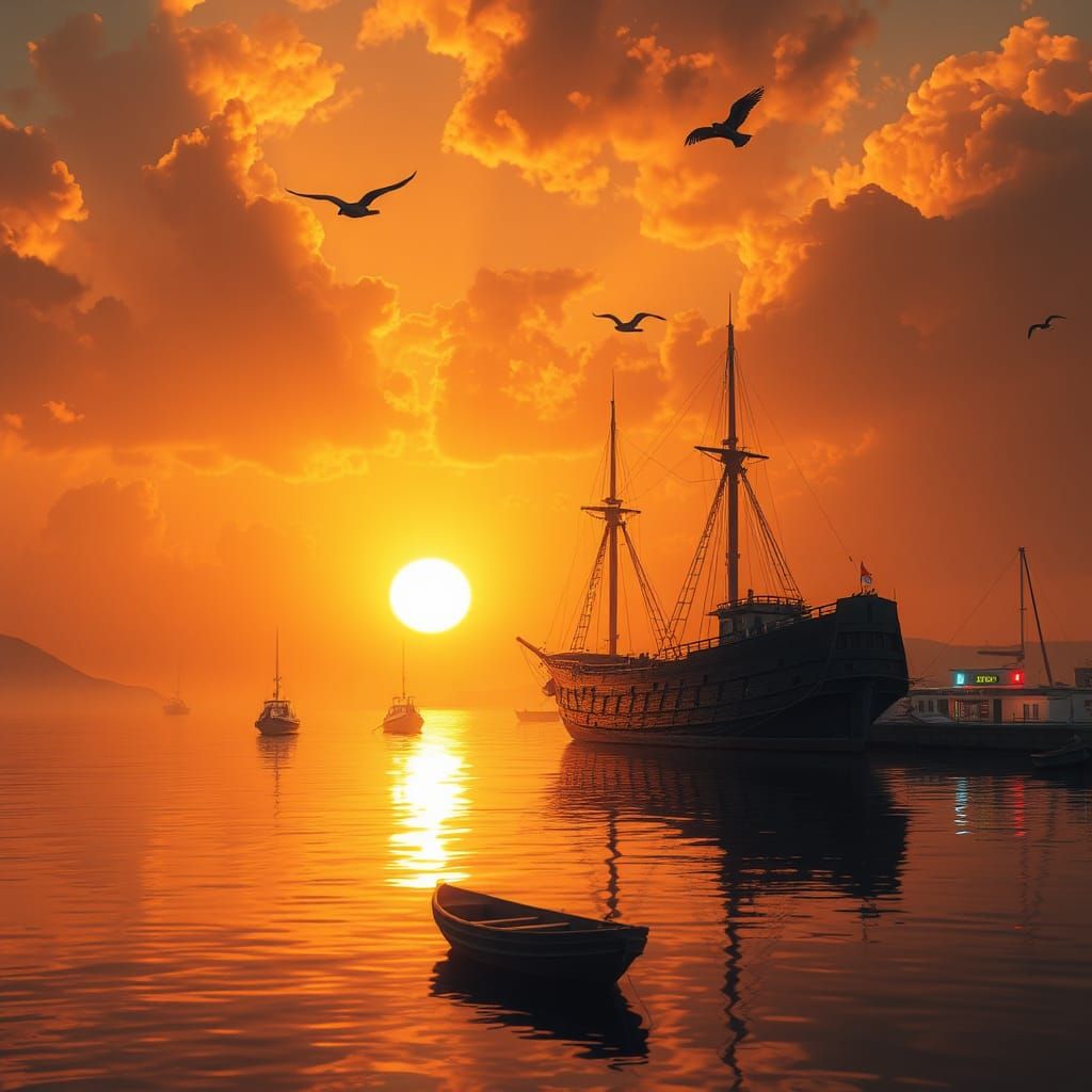 Golden Sunset Over Serene Harbor: Digital Matte Painting