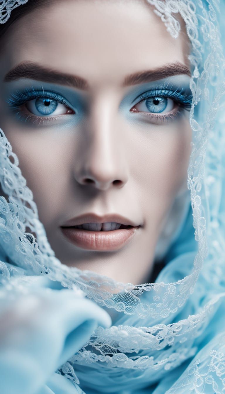Ethereal Woman in Icy Blue Veil