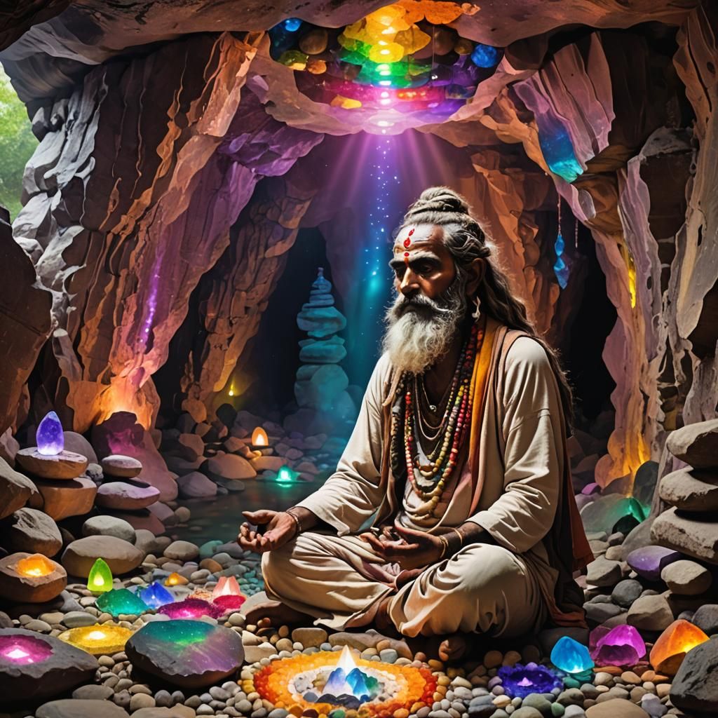 Sadhu in Meditation with Rainbow Chakra Lights