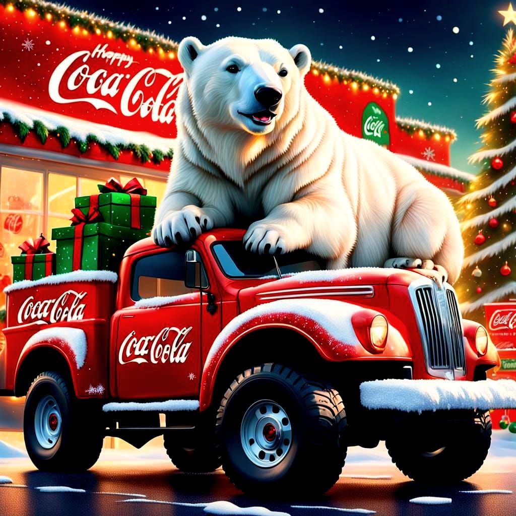 Adorable Polar Bear Cub on Christmas Coke Truck