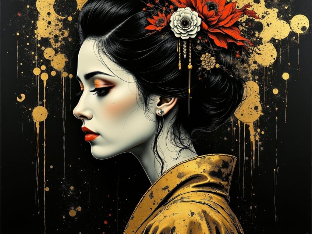 Gothic Geisha Portrait in Burnished Gold and Ink