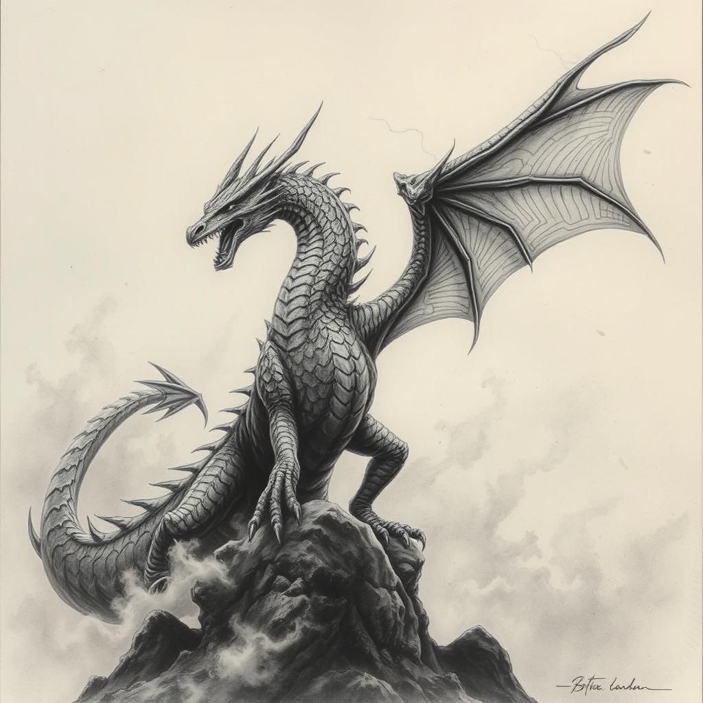 Majestic Dragon Charcoal Drawing in Dark Fantasy Style