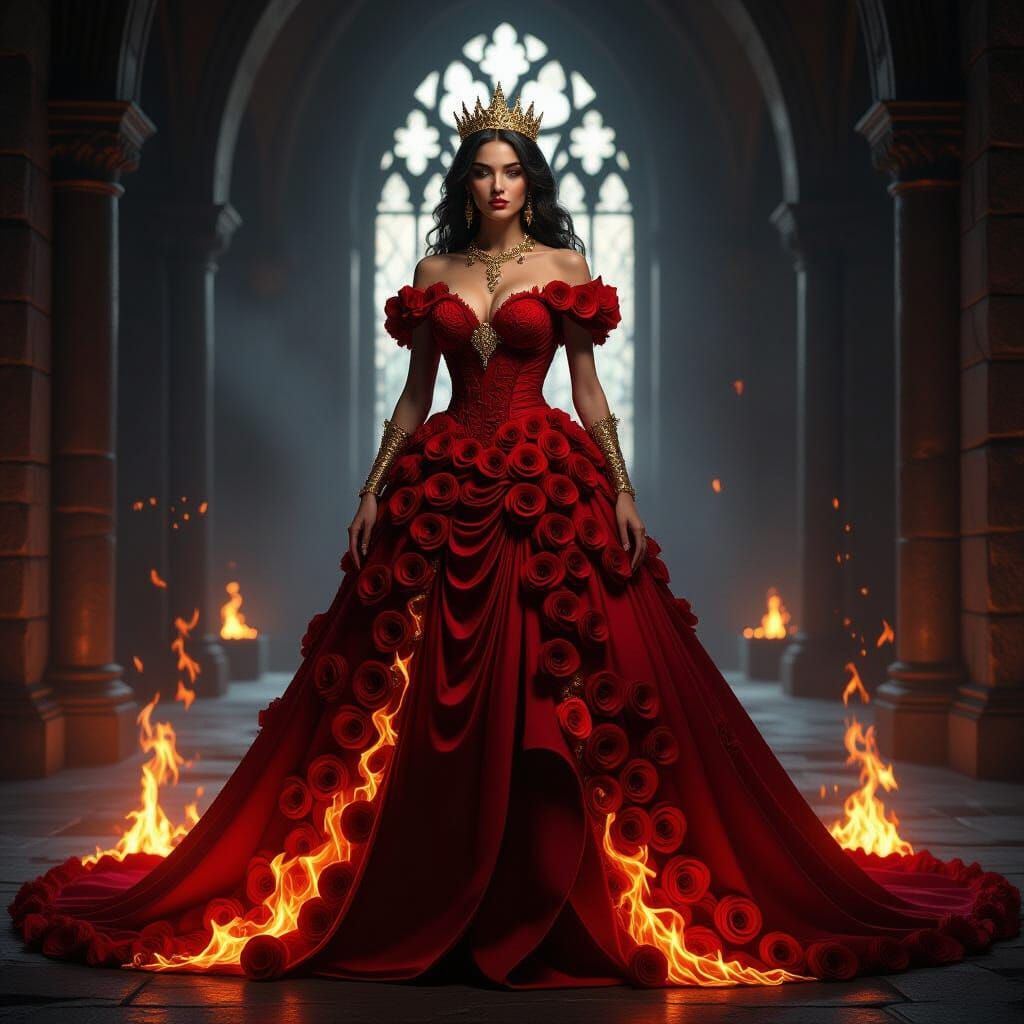 Regal Queen in Rose and Fire Gown in Dark Castle