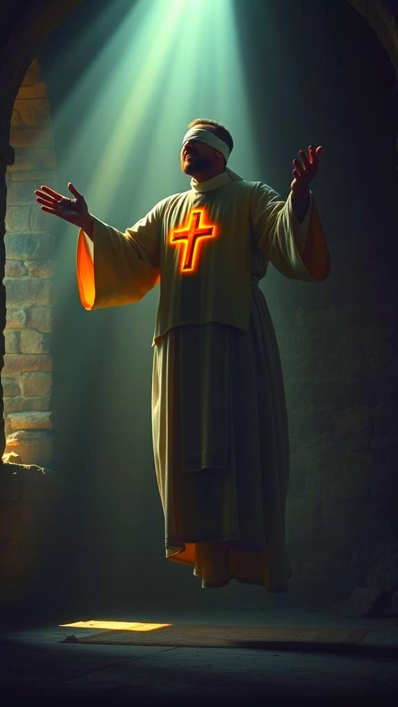 Blindfolded Priest Levitates in Ruined Chapel, Radiating Div...