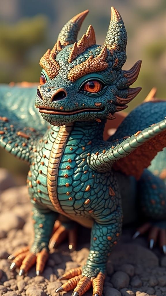 Pomchi Dragon Soaring Above Rugged Mountains