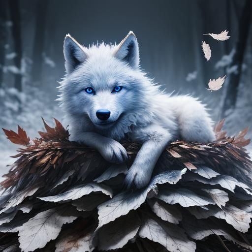 wolf Pup with blue eyes and white fur In a pile of leaves