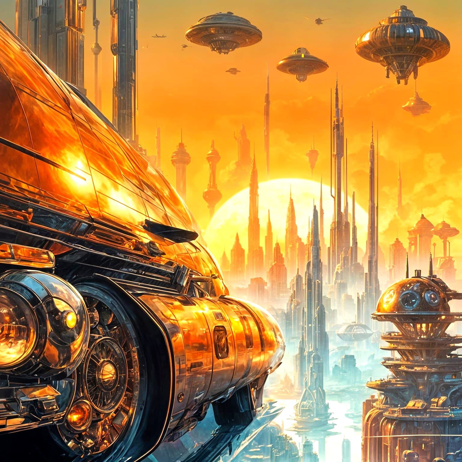 Cosmic Atomicpunk Rocket Cityscape at Sunset