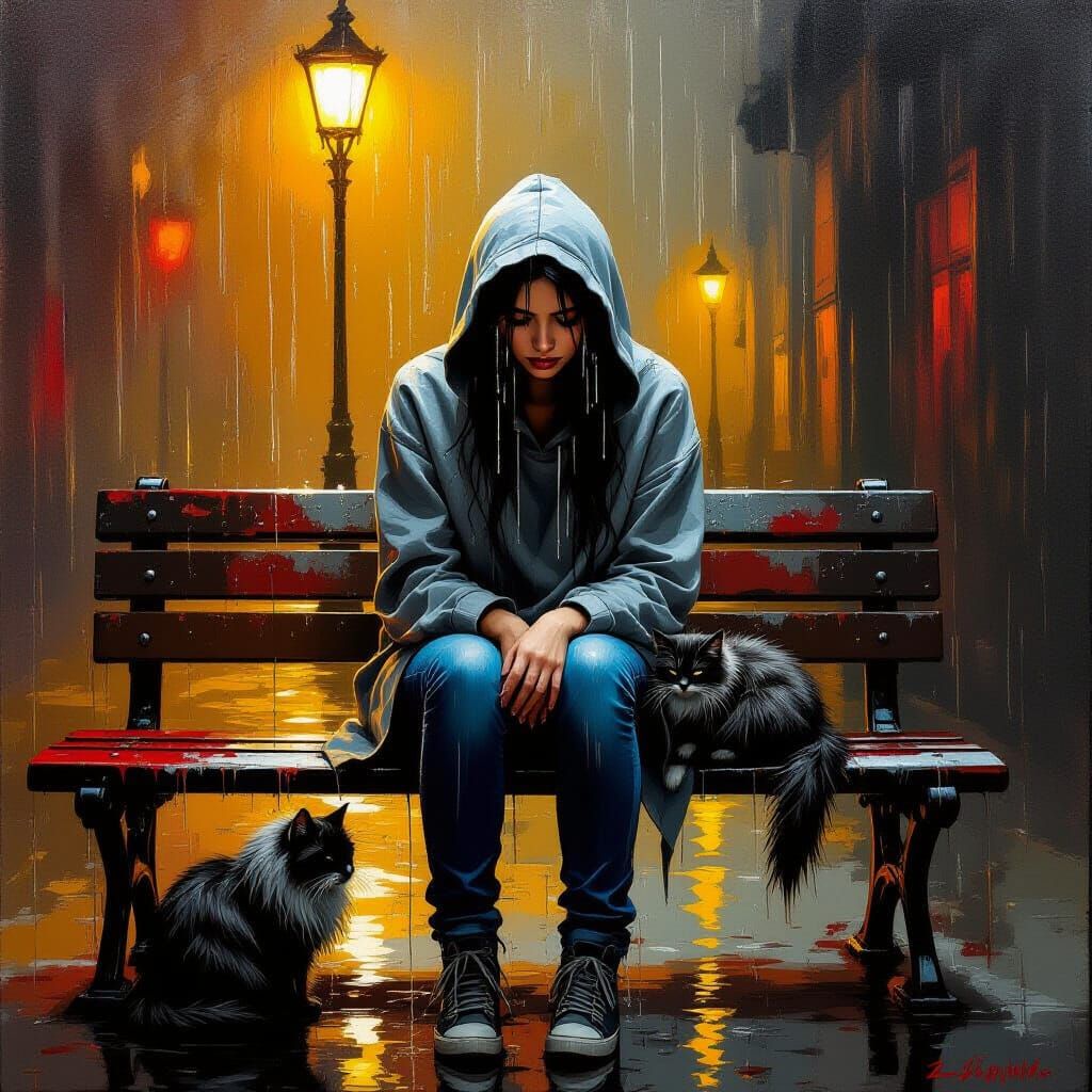 Woman and Cat in Bleak Dystopian Scene as Oil Painting