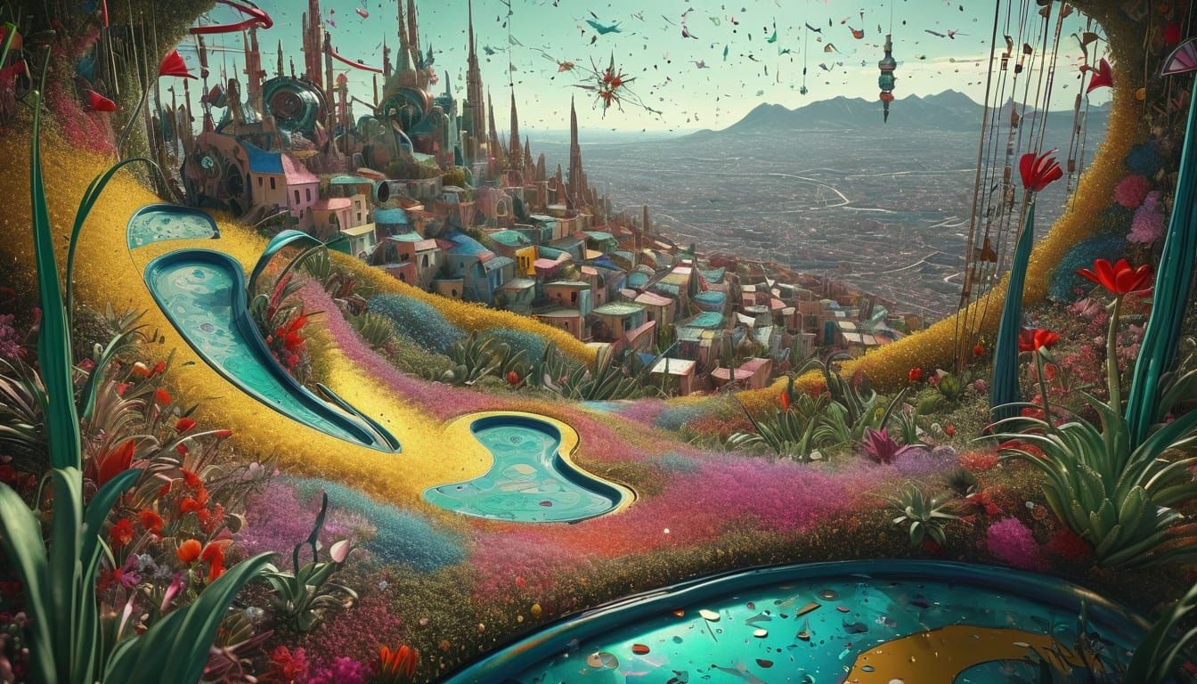 3D above view beautiful solarpunk aetherpunk idyllic utopian...