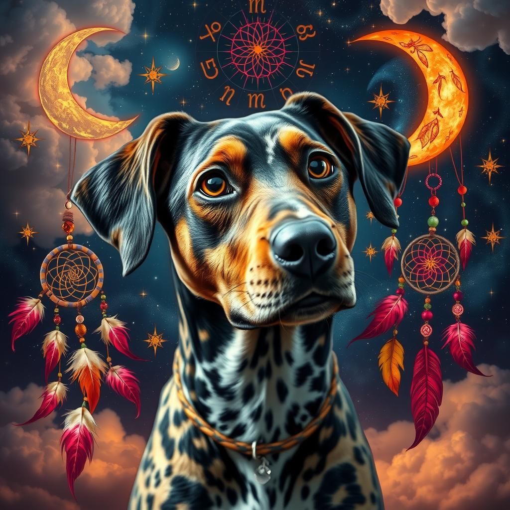 Catahoula Cur with Zodiac Motifs in Film Style