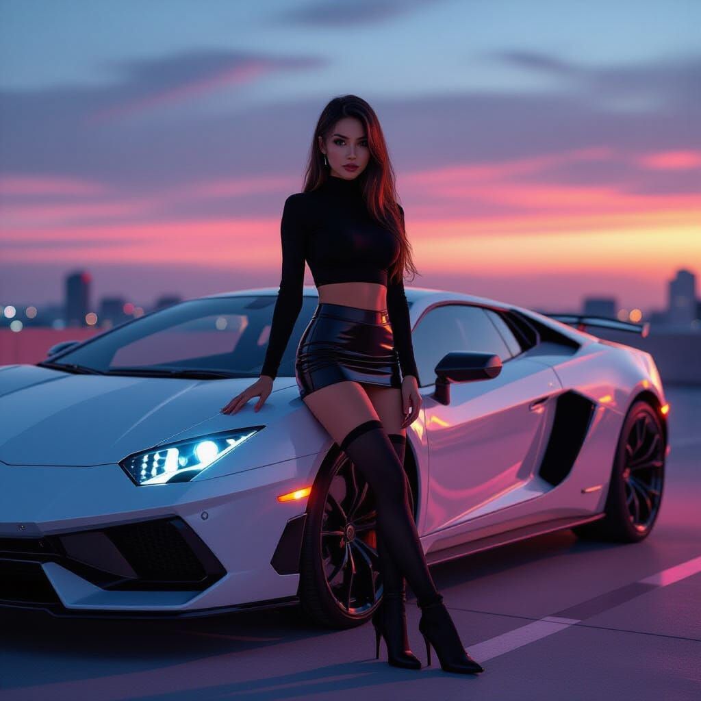 Woman Leaning on Car in Futuristic Style