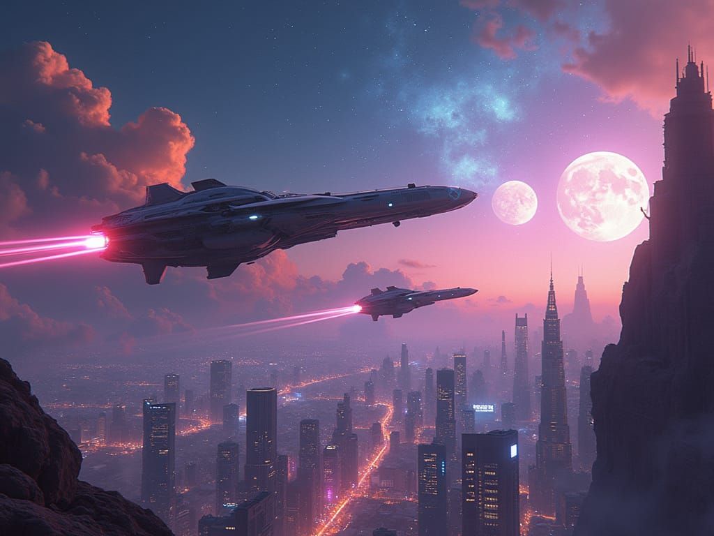 Spaceships Soar Over Futuristic Cityscape on Alien Planet