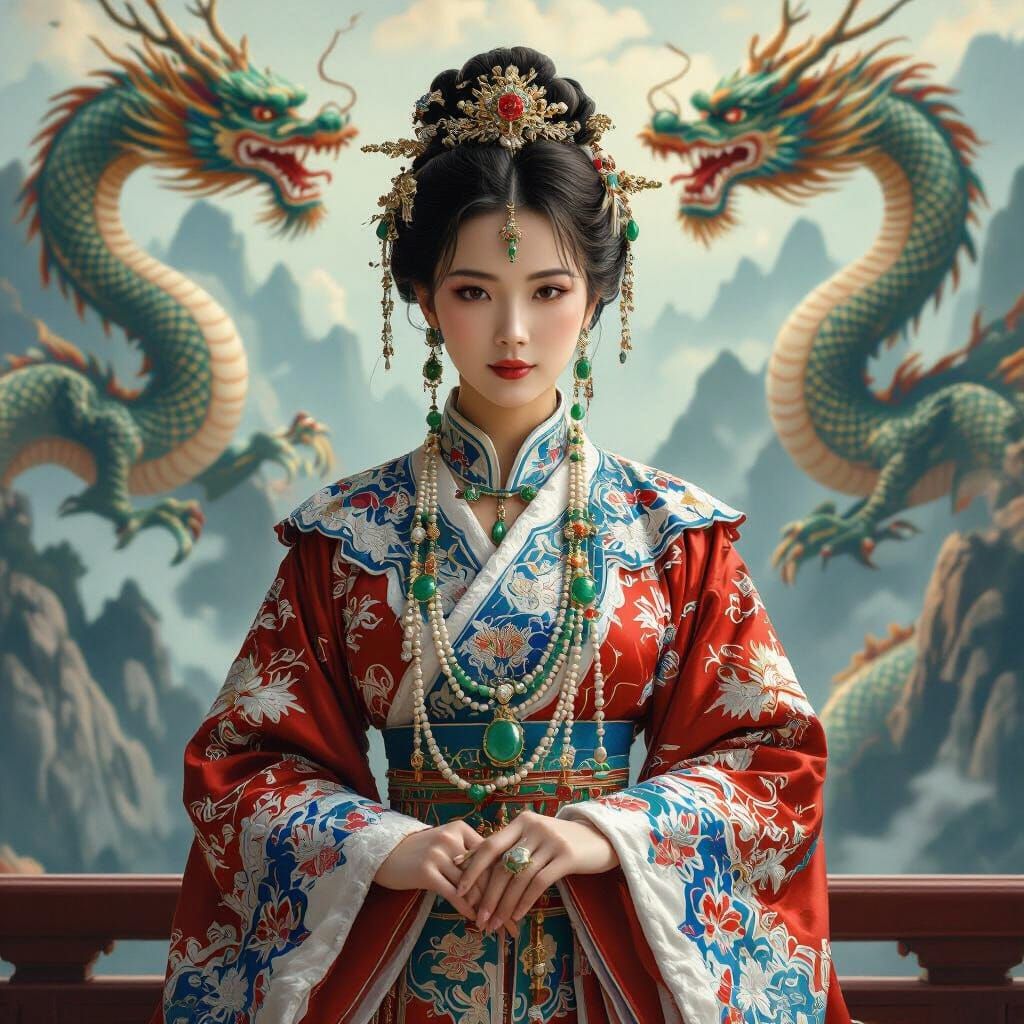 Chinese Queen with Dragons in Realistic Style