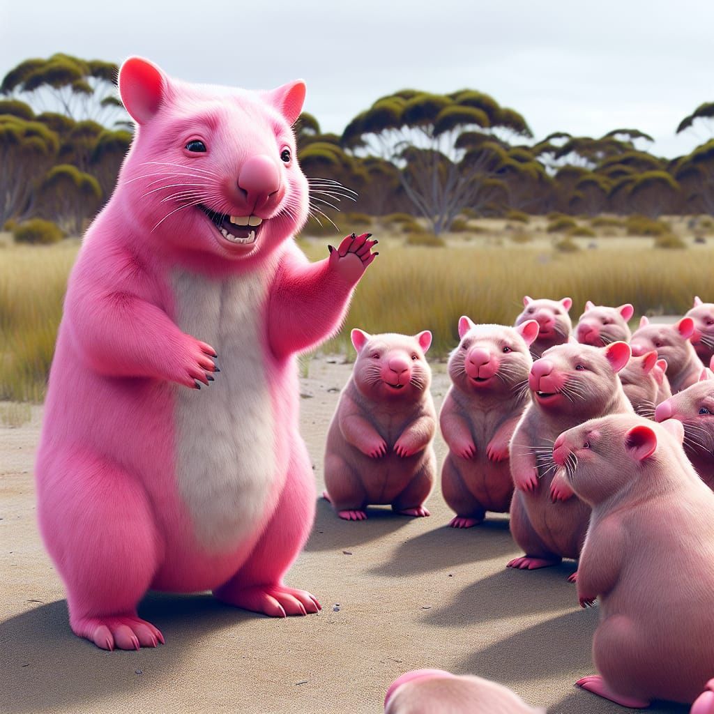 Pink Wombat Waving to Friends