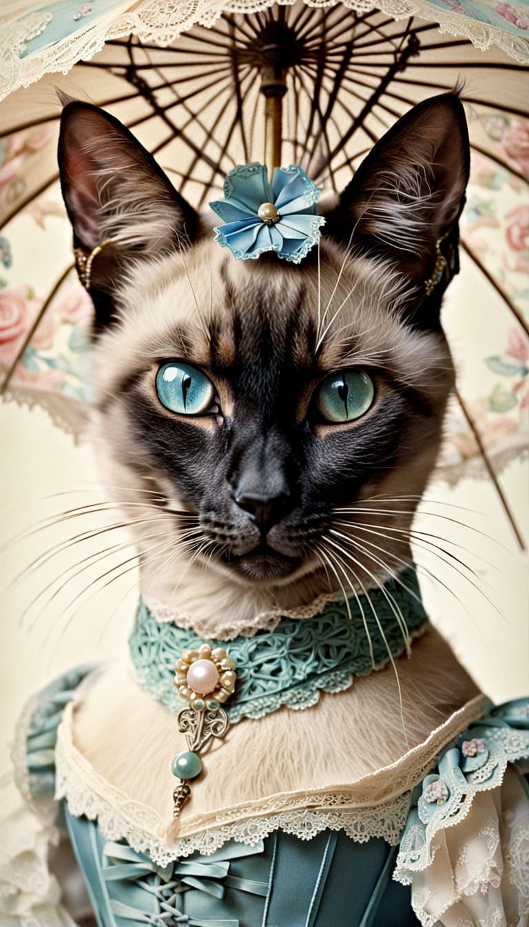 Victorian Siamese Cat Portrait in Watercolor Style