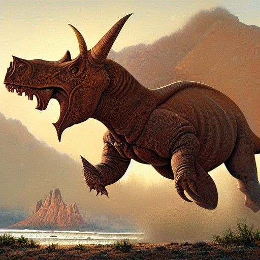 Triceratops Breaks Through Wall: Oil Painting