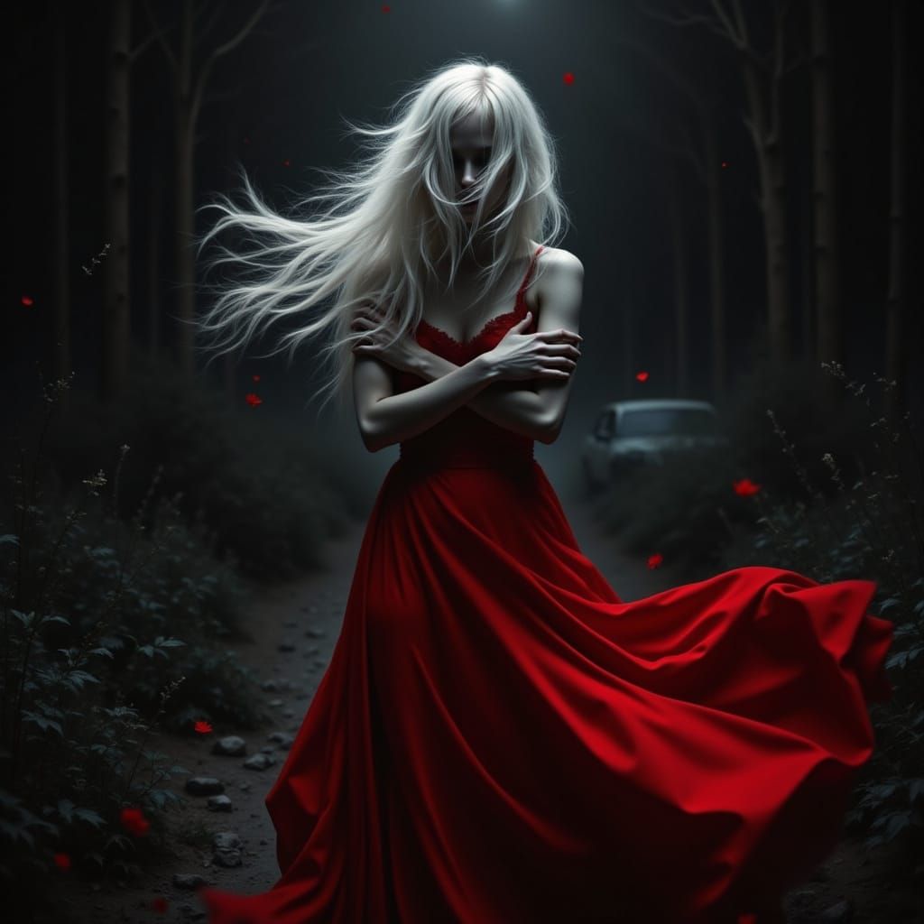 Woman in Red Dress on Dark Night, Hitchcock Inspired