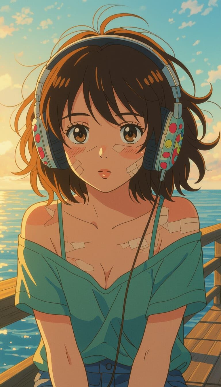 Anime Girl with Retro Headphones on Pier at Golden Hour