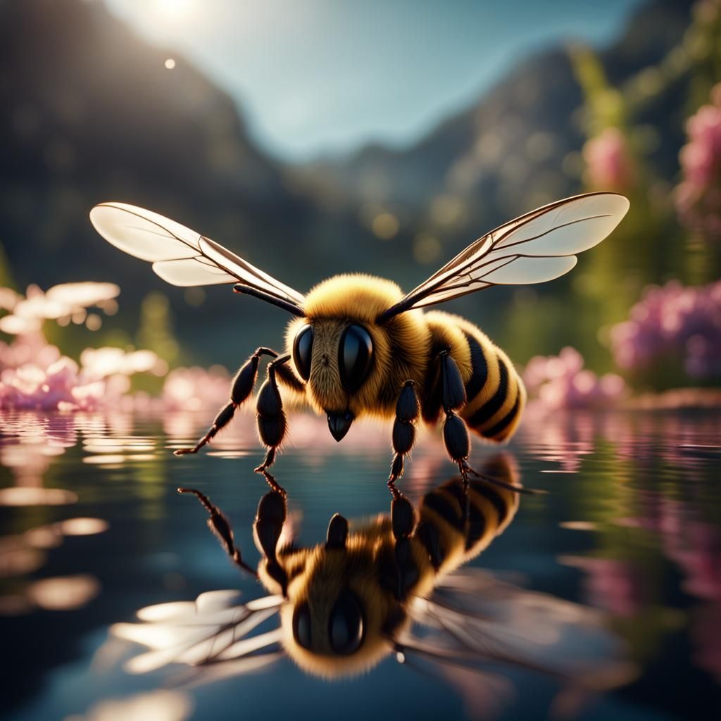 Bee Gazes at Reflection: Detailed Matte Painting