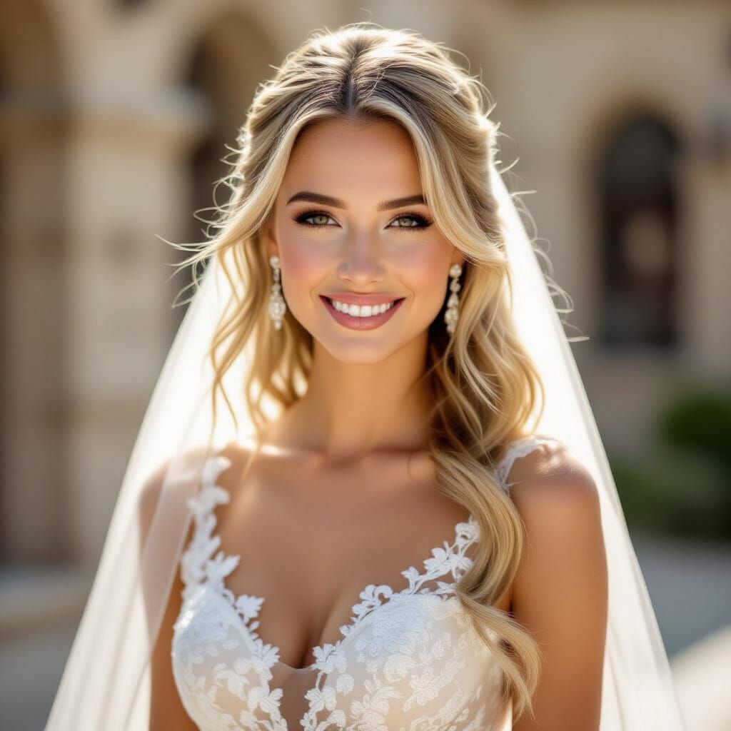 Pretty Blonde Woman in Elegant Wedding Dress