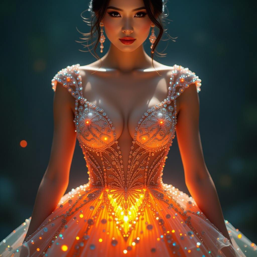 Asian Woman in Glowing Glass Bead Dress