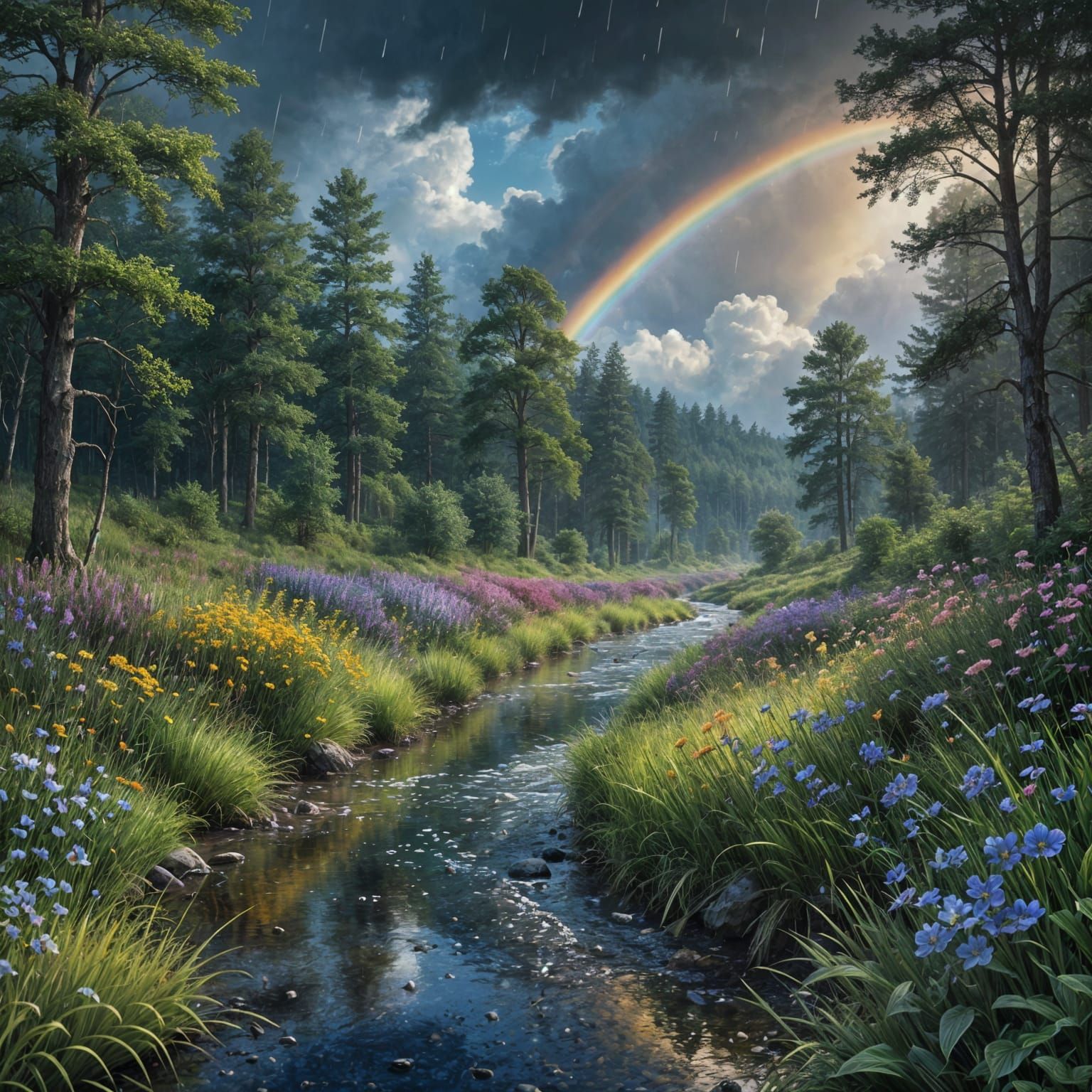 Majestic Dark Blue Gouache Landscape with Rainy Forest