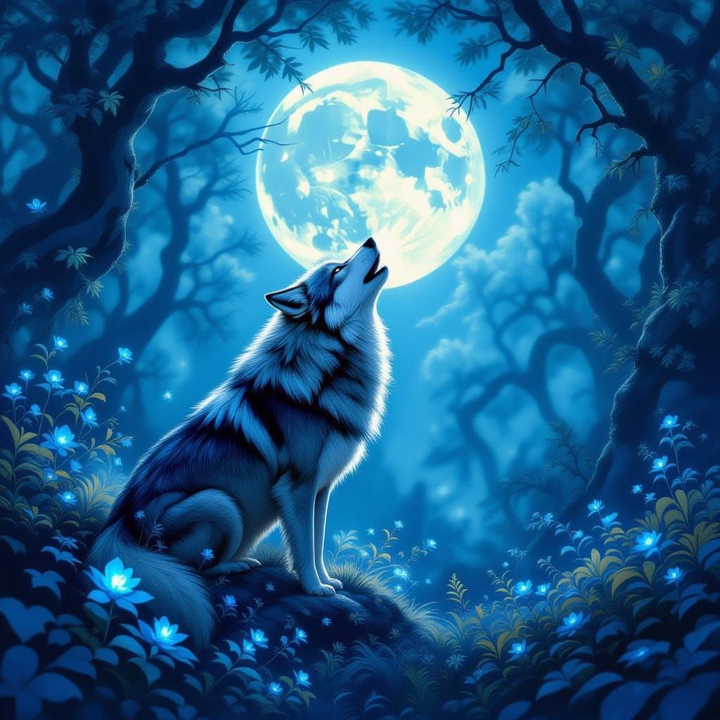 Lone Wolf Howls Under Ethereal Moon