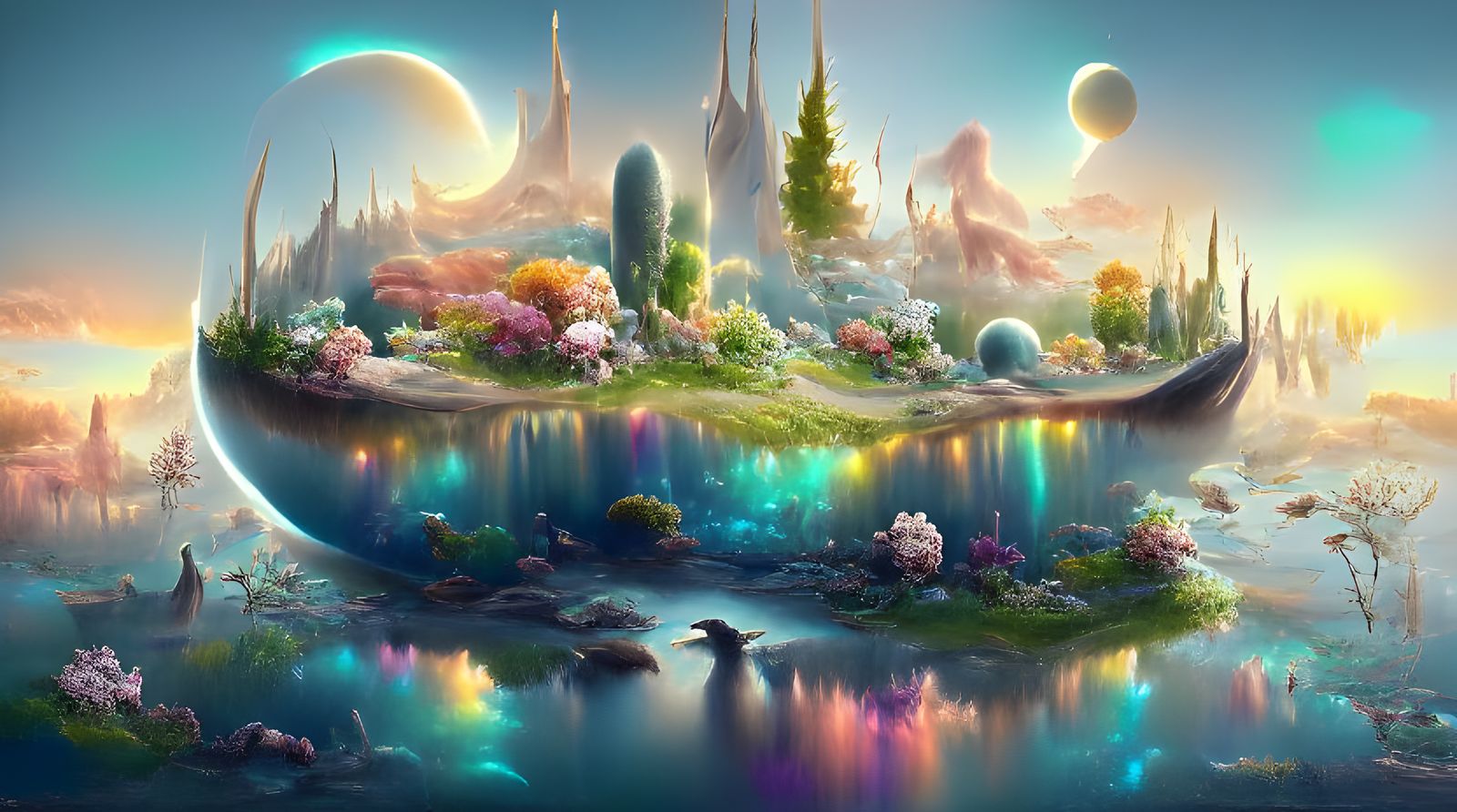 Iridescent Alien Landscape with Cosmic Sky