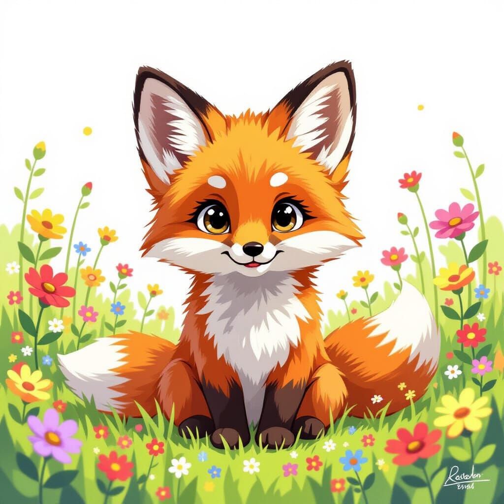 Charming Chibi Fox Cub in Wildflower Meadow