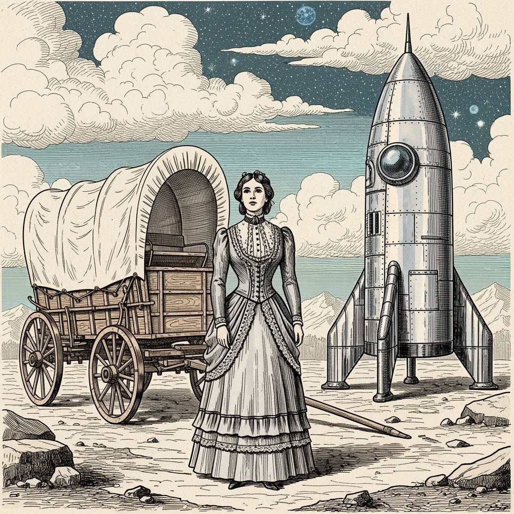 Victorian Woman, Wagon, and Spaceship in Sepia Tones