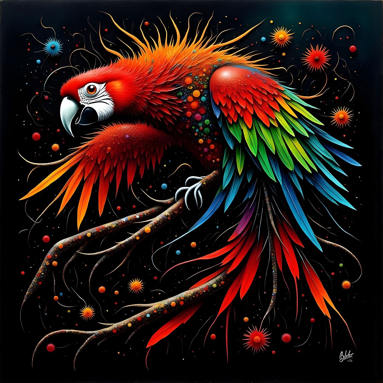 Vibrant Scarlet Macaw Horror Painting in Neo-Impressionist S...