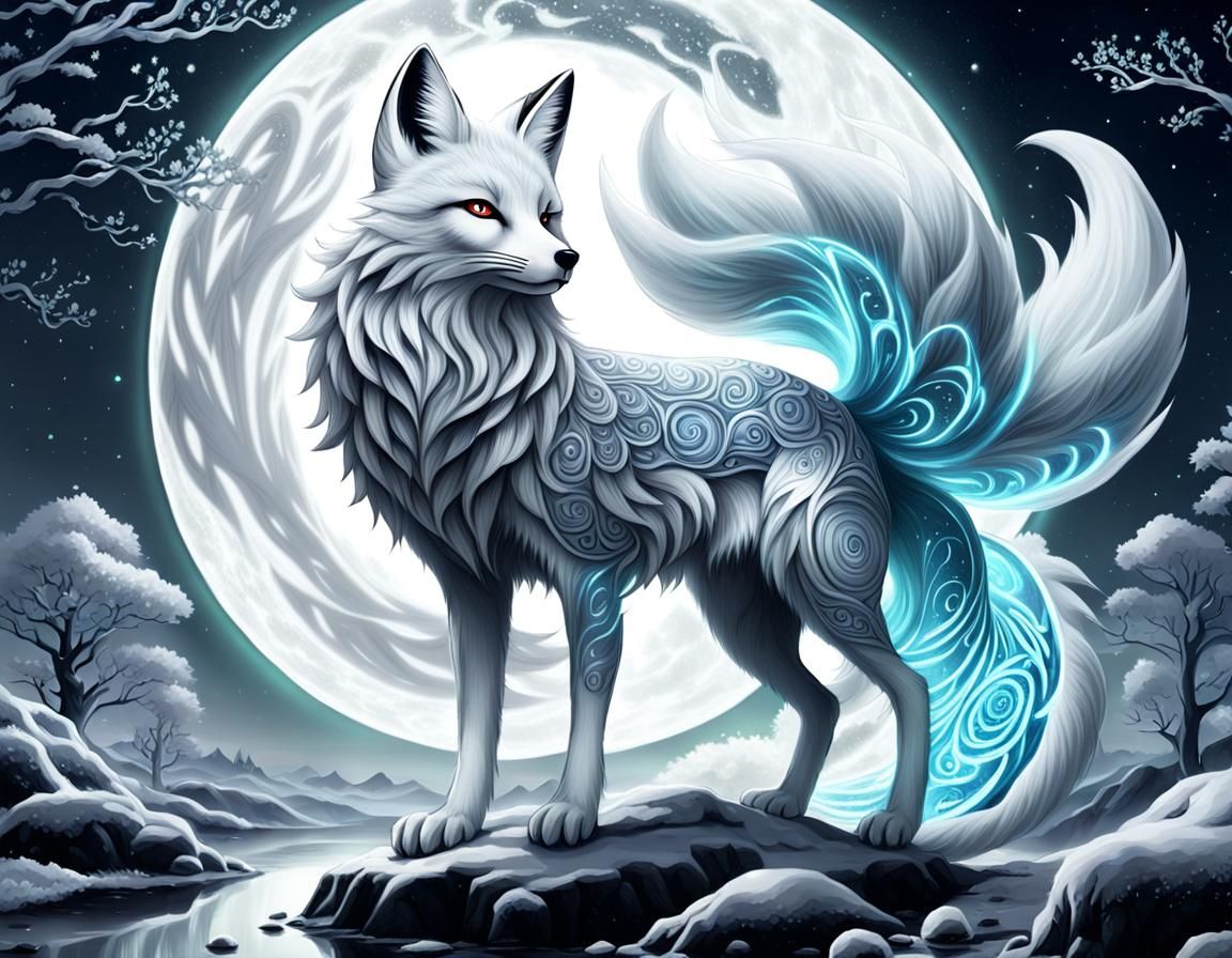 Nine-Tailed Fox Deity in Feywild Landscape