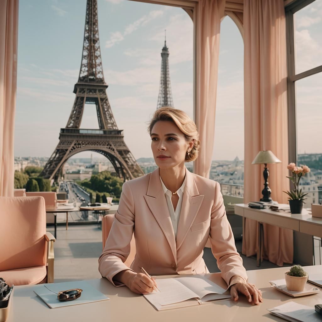 Elegant French Businesswoman in Pastel Office