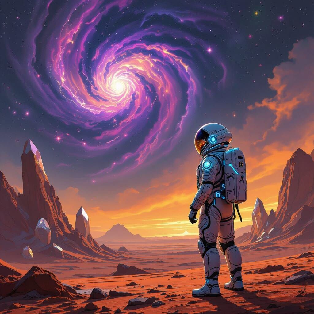 Astronaut Gazing at Nebula on Alien Planet