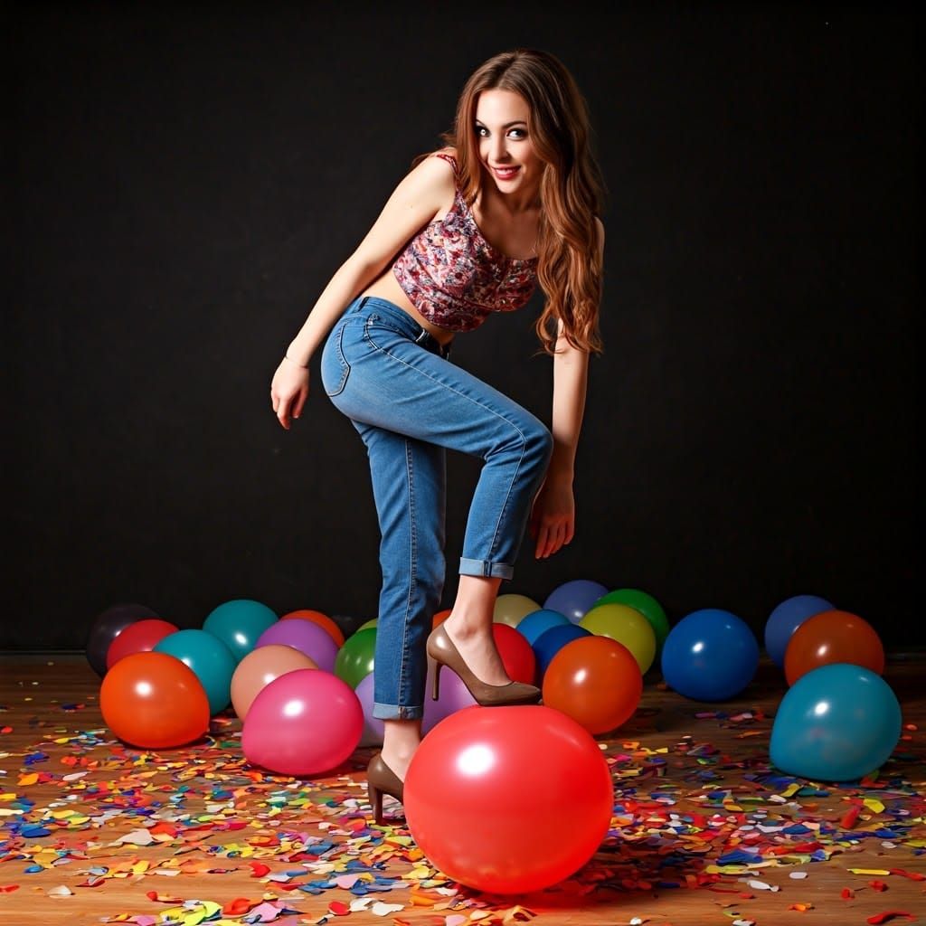 Playful Woman Pops a Red Balloon in High Heels