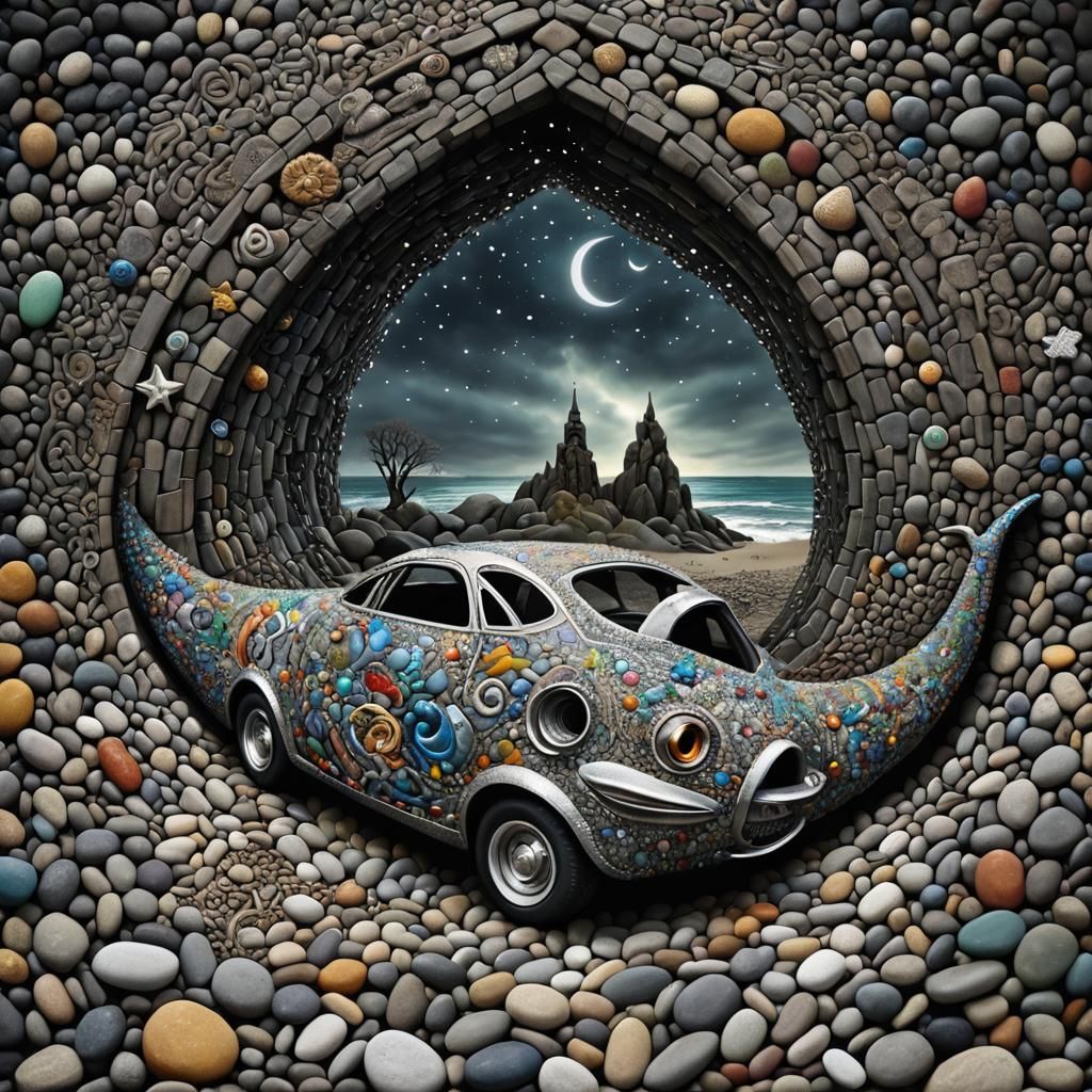 Surreal Pointillist Self-Portrait with Unicorn and Birdhouse