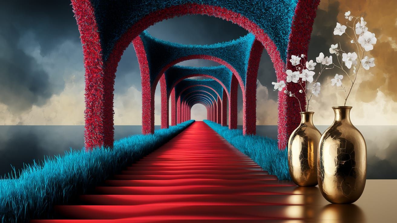 Dreamlike Red Pathway Unfolds into Mysterious Oceanic Realm