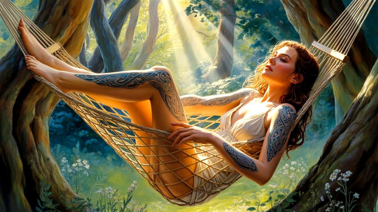 Celtic Tattooed Woman Sunbathing in Forest Hammock