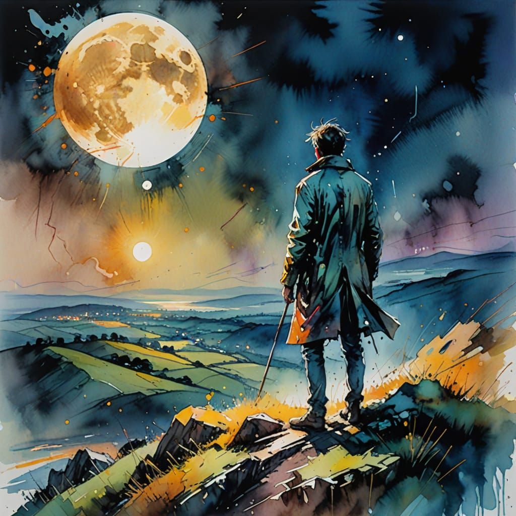 Moonlit Figure in Dreamlike Watercolour Splash Art