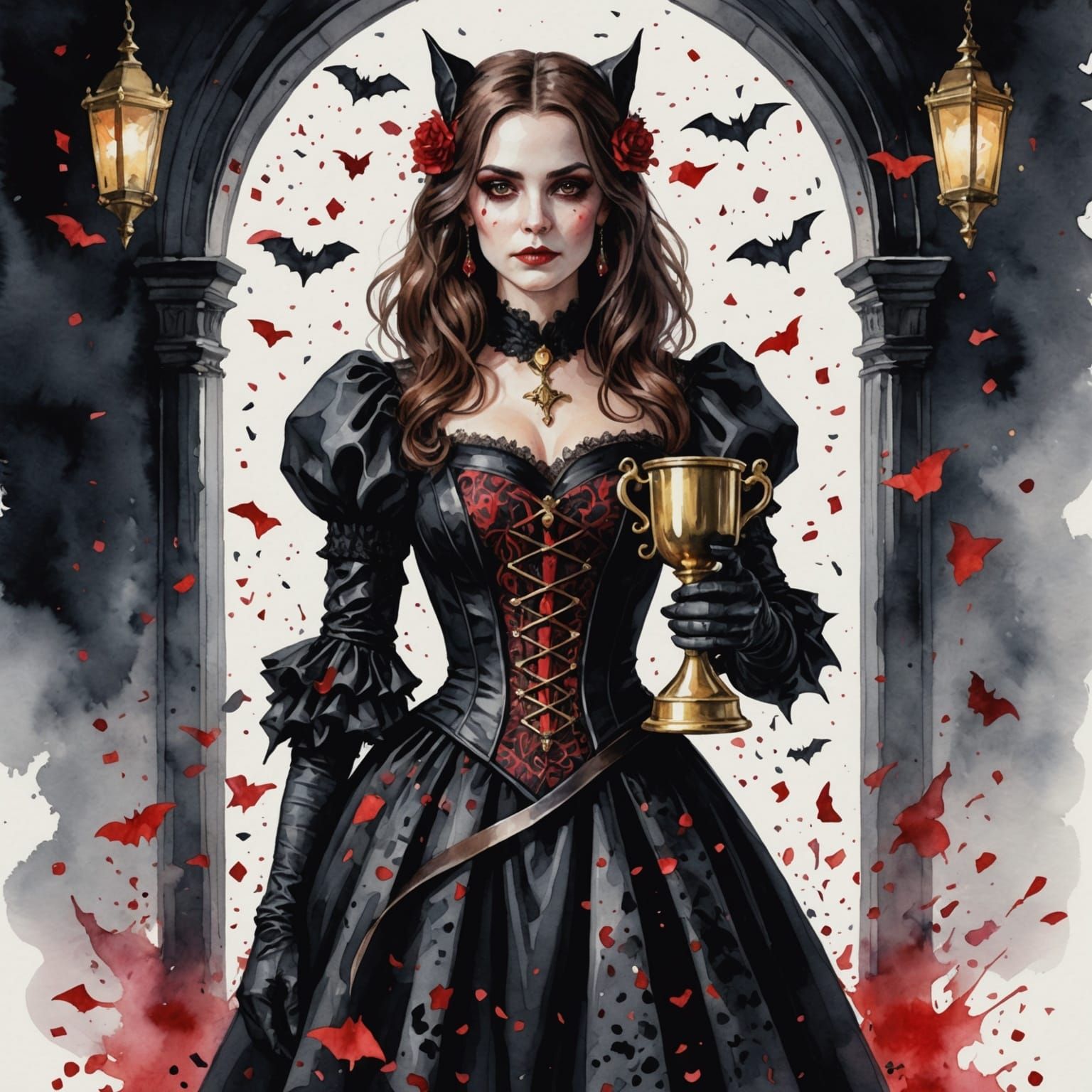Gothic Woman Celebrates with Bat Trophy in Watercolor