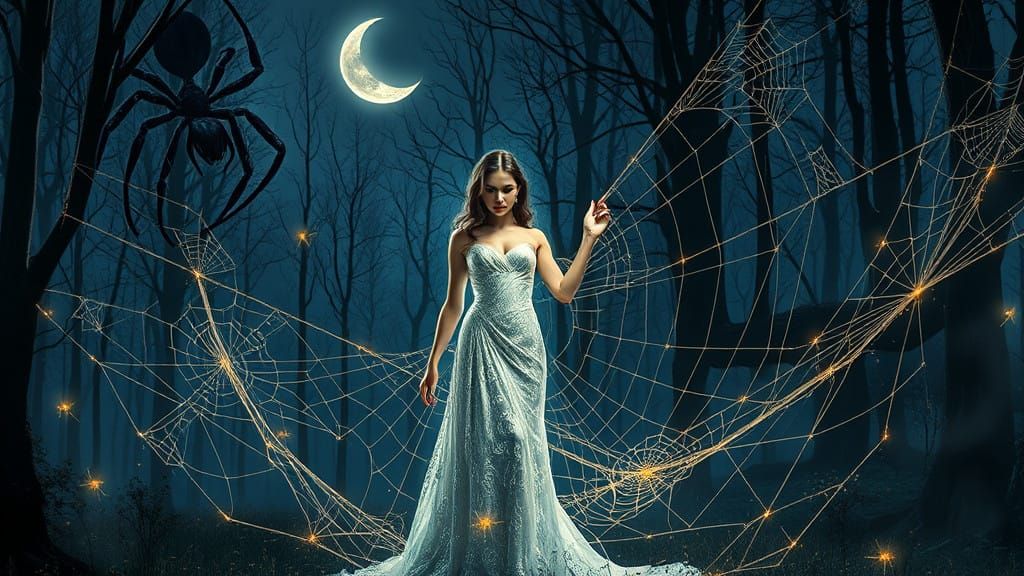 Surreal Moonlit Goddess Confronts Trickster Spider in Mystic...