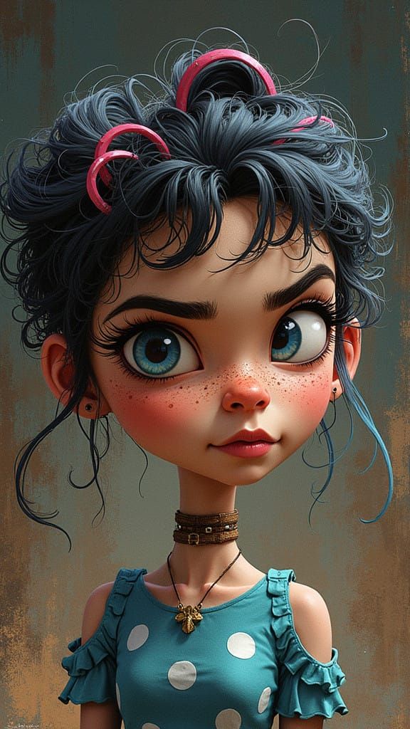 Exuberant Cartoon Girl in Turquoise Dress and Combat Boots