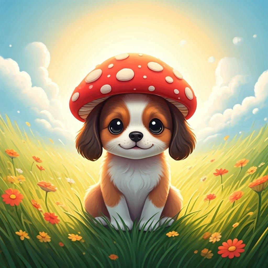 Kawaii Dog with Mushroom Hat in Dreamy Meadow