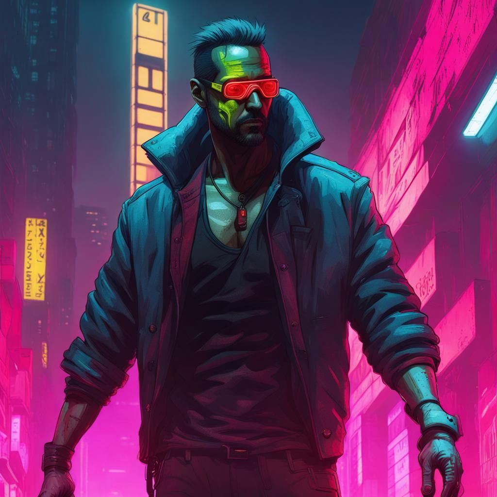 Cyberpunk Zombie in Neon Cityscape