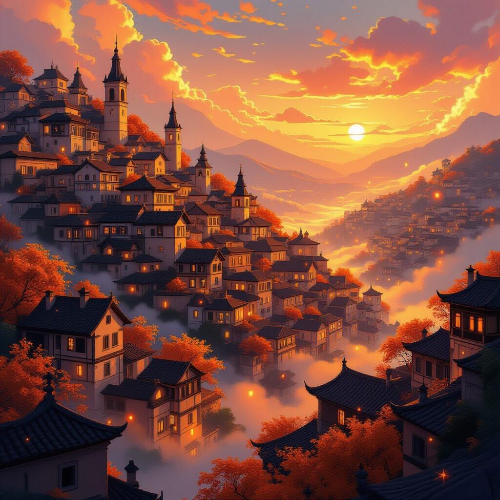 Fantastical Anime City at Twilight with Golden Hills
