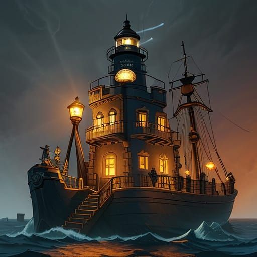 Steampunk Lighthouse Keeper in Whimsical Island Scene