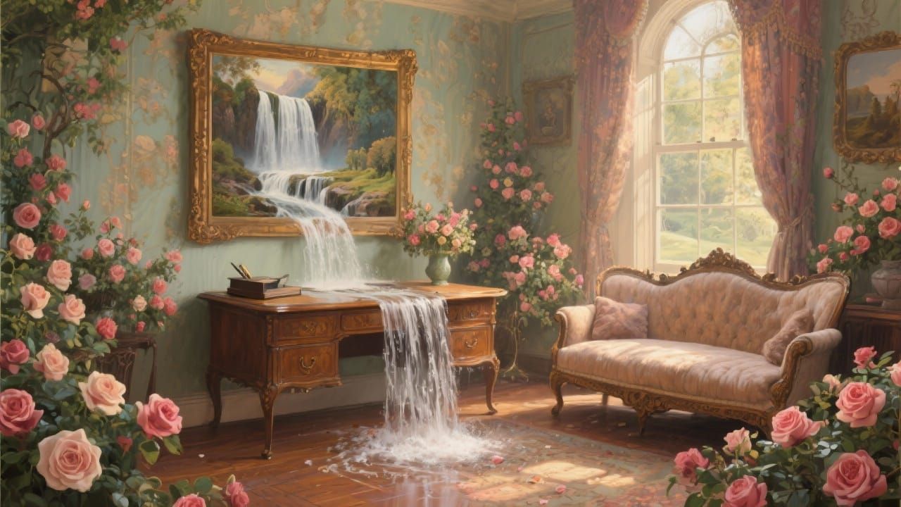 Enchanted Victorian Parlor With Flowing Waterfall Painting