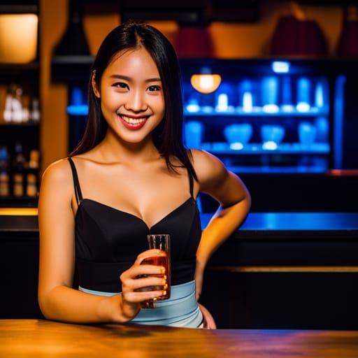 Happy Dark-Haired Woman in Blue Shirt Holding Beer