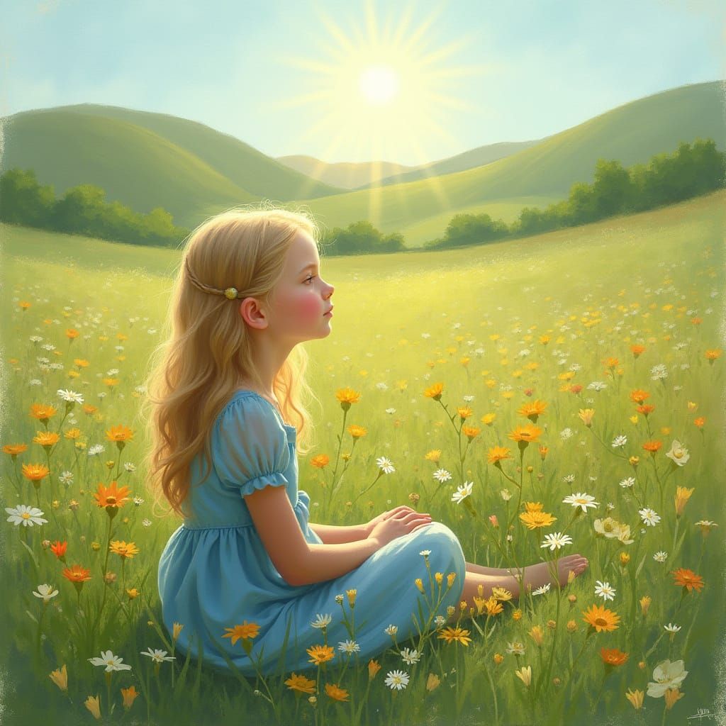 Young Girl in Wildflower Meadow, Impressionistic Oil Paintin...