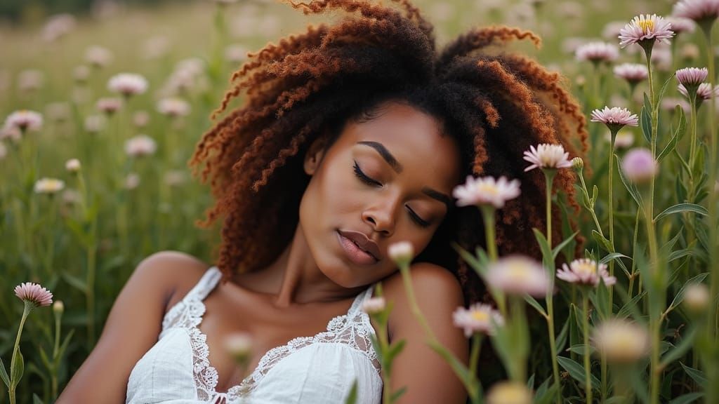 An African-American female laying down in a field, resting h...